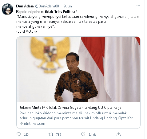 Jokowi Minta MK Tak Terima Gugatan UU Ciptaker, Don Adam: Bapak Paham Tidak Trias Politica? 