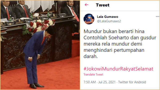 Trending #JokowiMundurRakyatSelamat, Netizen: Mundur Bukan Berarti Hina, Contohlah Soeharto & Gus Dur