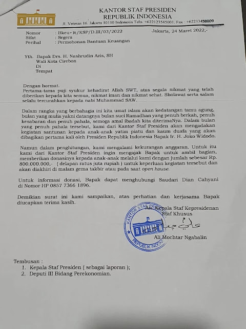 Alasan Kekurangan Dana, Viral Surat Ngabalin Minta Rp800 Juta ke Wali Kota Cirebon 